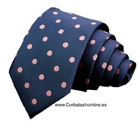 CORBATA AZUL MARINO CON LUNARES ROSAS GRANDES Y ELEGANTES