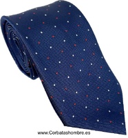 CORBATA AZUL MARINO  CON PEQUEÑOS LUNARES BLANCOS Y ROJOS