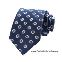 CORBATA AZUL MARINO DE FLORES OCTOGONALES BLANCAS