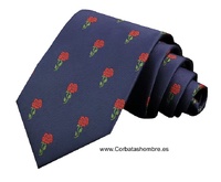 CORBATA AZUL MARINO DE ROSAS ROJAS CON TALLO