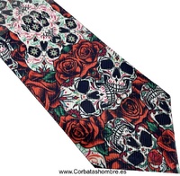 CORBATA CALAVERAS CON ROSAS ROJAS MEXICANA