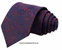 CORBATA DE CACHEMIRES ROJOS Y NEGROS Y AZUL OSCURO ELEGANTÍSIMA 