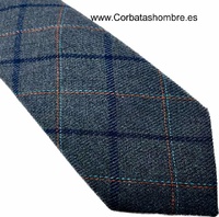 CORBATA DE LANA ESTRECHA GRIS DE CUADROS GRANDES  EN NARANJA MARINO Y TURQUESA