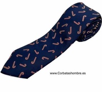 CORBATA DE  NAVIDAD AZUL MARINO CON BASTONES DE CARAMELO