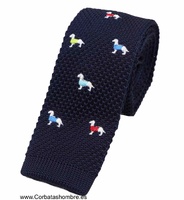 CORBATA DE PUNTO AZUL MARINO CON PERROS TECKEL DE COLORES