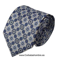 CORBATA DE SEDA MARFIL CON ROSETONES GEOMÉTRICOS AZULES 