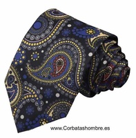 CORBATA DE SEDA NEGRA CON CACHEMIR AZUL