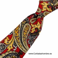 CORBATA DE SEDA ROJA  CON CACHEMIR DORADOS SINGULAR