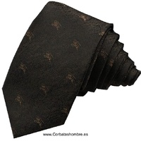 CORBATA DE TELA JASPEADA  MARRÓN OSCURA CON CABALLEROS MEDIEVALES CAMEL 