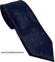 CORBATA ESTRECCHA AZUL MARINO TELA JACQUARD CON CUADRADOS BURDEOS CON PUNTO INTERIOR