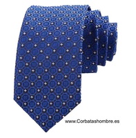 CORBATA ESTRECHA AZUL CON FONDO GRIS Y ESTRELLAS PEQUEÑAS BLANCAS EN TELA JACQUARD