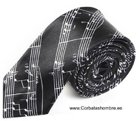 CORBATA ESTRECHA CON NOTAS MUSICALES  NEGRA Y BLANCA