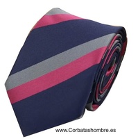 CORBATA ESTRECHA DE RAYAS AZUL ROSA INTENSO Y GRIS