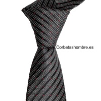 CORBATA ESTRECHA DE RAYAS GRISES SOBRE NEGRO CON TOPOS ROJOS