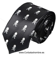 CORBATA ESTRECHA NEGRA DE CALAVERAS BLANCAS PEQUEÑAS