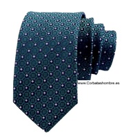 CORBATA ESTRECHA VERDE CON FONDO AZUL MARINO Y ESTRELLAS PEQUEÑAS BLANCAS DE TELA JACQUARD