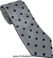 CORBATA GRIS CLARO CON LUNARES AZUL MARINO ELEGANTE