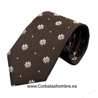 CORBATA MARRÓN DE FLORES MARGARITAS BLANCAS CON DETALLE NARANJA
