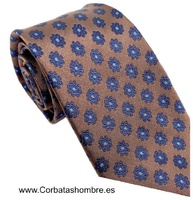 CORBATA MARRÓN TABACO CON FLORES AZUL MARINO BROCADAS