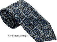 CORBATA MOSAICO DE ROSETONES AZULES Y DORADORS  ENMARCADOS EN GRIS ELEGANTE