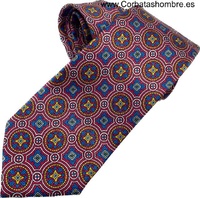 CORBATA  MOSAICO DE ROSETONES AZULES Y ROJOS ENMARCADOS EN ROJO INTENSO