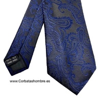 CORBATA NEGRA MUY ELEGANTE CON TELA  DE CACHEMIRES GRANDES EN AZUL