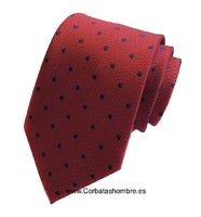 CORBATA ROJA CON LUNARES AZUL MARINO  ELEGANTES