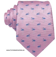 CORBATA ROSA CLARO DE FLAMENCOS AZULES 