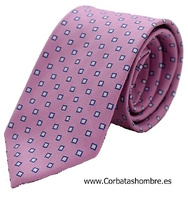 CORBATA ROSA PALO CON CUADRADITOS PEQUEÑOS BLANCOS Y AZULES