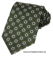 CORBATA VERDE OLIVA OSCURO CON FLORECITAS BLANCAS Y MARRONES