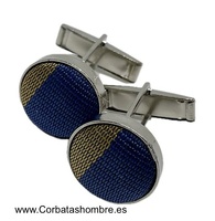 GEMELOS DE CAMISA DE TELA CAMEL Y AZUL SOBRE  BASE DE METAL PLATEADO