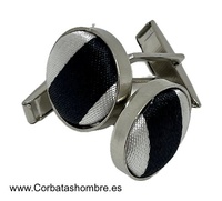 GEMELOS DE CAMISA DE TELA RAYAS BLANCA Y NEGRA SOBRE  BASE DE METAL PLATEADO