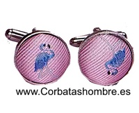 GEMELOS ROSA CON FLAMENCOS AZULES SOBRE METAL PLATEADO
